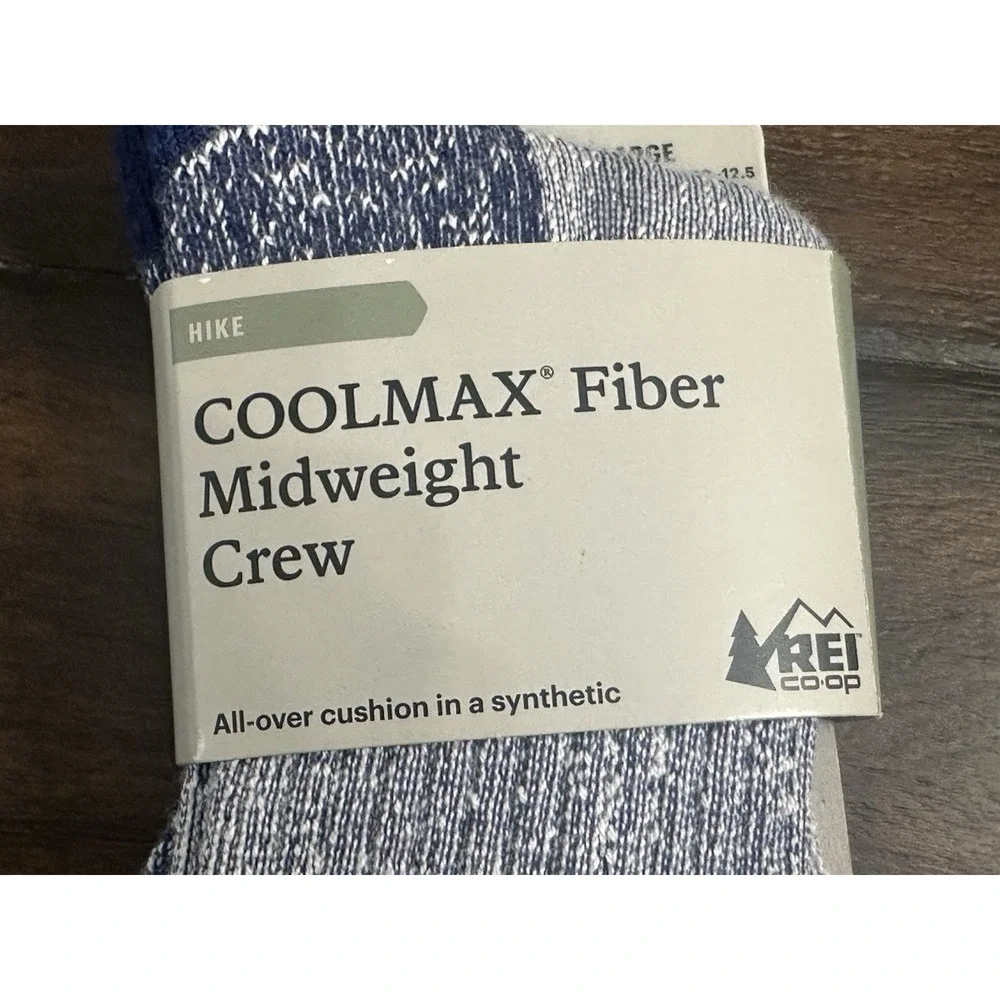 REI Co-op COOLMAX EcoMade Midweight Crew Hiking Socks Indigo Large NWT Cushioned
